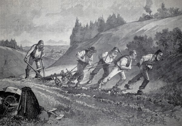 Farming in Entlebuch in Switzerland, 1882, men doing heavy physical work such as drawing a plough, a historic agricultural method using humans instead of animals to cultivate the soil, illustration, reproduction of a model from the 19th century. Authentic, file restored for optimal use, exact date of submission unknown, historical, men in traditional clothing pull a plough across a rolling field together
