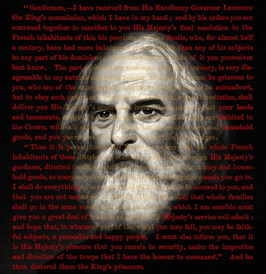 Portrait of Henry Wadsworth Longfellow, 1807 – 1882, American poet, text from Longfellow‘s poem Evangeline, A Tale of Acadie, digitally edited