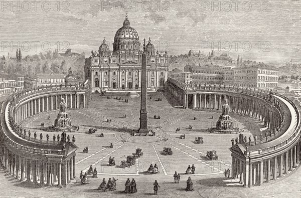 The Papal Basilica of St. Peter in the Vatican and St. Peter's Square in Vatican City, Rome, Italy, 19th Century