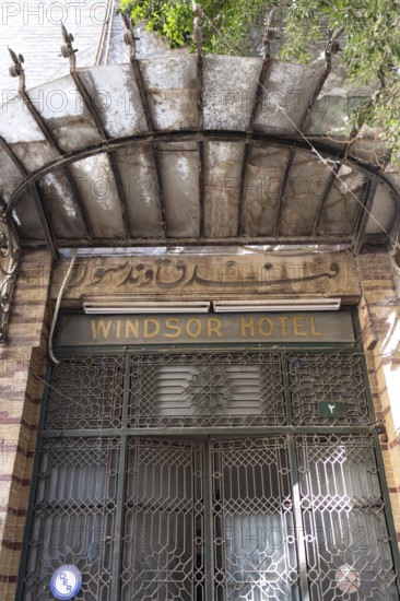 Cairo, Egypt. April 3rd 2025. The closed entrance door to the historic Windsor Hotel, A colonial era building once served as British Officers Club near the former Shepheard's Hotel, Cairo, Egypt