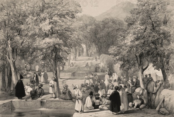 The Garden of Emperor Zahir ad-Din Muhammad Babur, Kabul, Afghanistan, First Anglo-Afghan War, sketch by James Atkinson, 1839