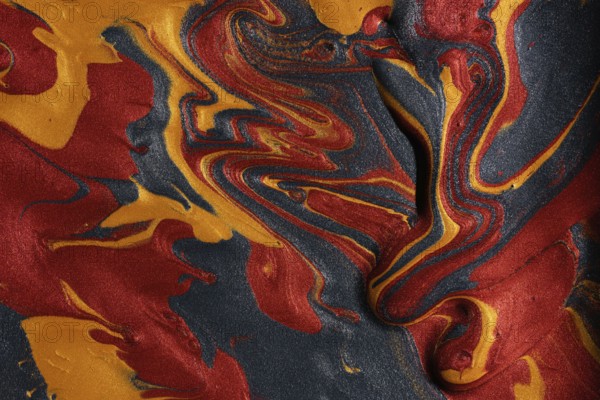 Vibrant swirls of metallic red, gold, and black paints merge, forming a captivating abstract background ideal for artistic and luxury design uses