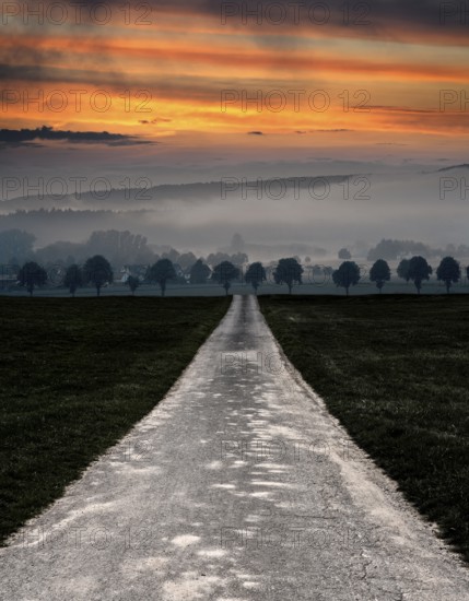 Bike path R1 near Wesertal, Weser Uplands, Weserbergland, Hesse, Germany, sunset over Wahmbeck, Bodenfelde, Lower Saxony, Germany, Europe, digitally edited