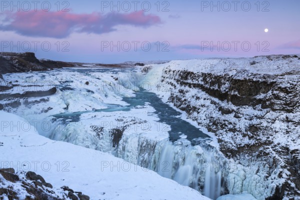Gullfoss, Hvítá river waterfall, ice, frost, snow, winter, sunset, moon, Haukadalur, Iceland, Scandinavia