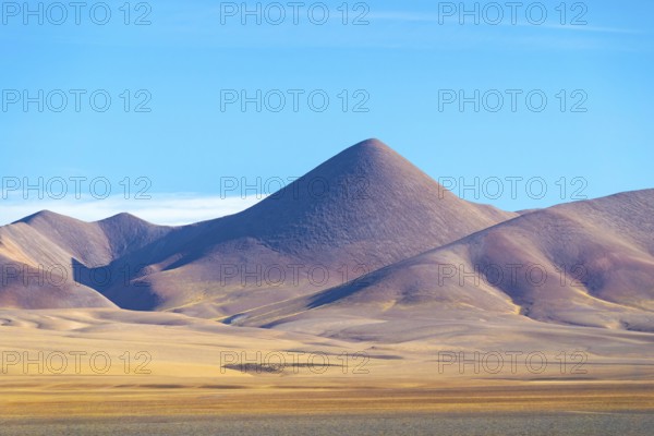 A tranquil landscape showcasing the serene beauty of La Puna in the Argentinian highlands, characterized by its sweeping, grass-covered plains and majestic, barren mountain peaks under a clear blue sky