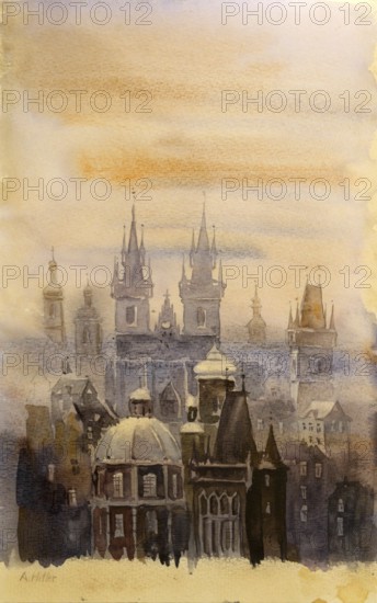 Prague in the Fog, Painting by Adolf Hitler (1889-1945), Historical, digitally restored reproduction from a 20th century original, public domain, Record date not stated