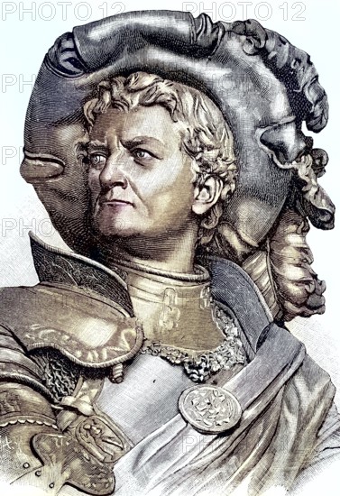 Imperial knight Franz von Sickingen, 1481, 1523, leader of the Rhenish and Swabian knighthood, coloured wood engraving, reproduction from a model from ca 1888, historical, portrait of a knight in splendid armour and headgear, historical appearance