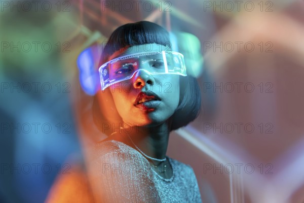 A Latin woman is deeply immersed in a virtual reality experience, wearing sleek VR glasses. The vibrant lighting enhances the futuristic ambiance of the scene