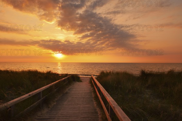 Wooden walkway through the dunes on the Baltic Sea at sunrise, Dahme, Ostholstein, Germany