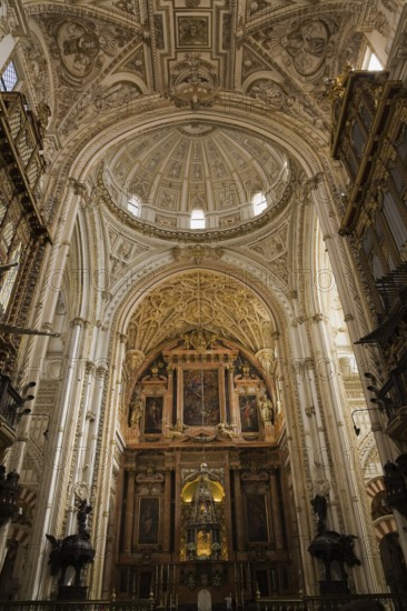 The nave and architectural details on the ceiling of the Cordoba Mosque Cathedral, Cordoba, Spain