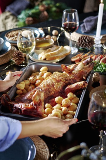 Cropped unrecognizable woman's hands serving a roasted suckling pig accompanied by potatoes, featured on a festive table decorated with candles, pine cones, and wine