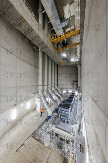 Oberhausen, Ruhr area, North Rhine-Westphalia, Germany - Emscher conversion, new Emscher AKE sewer, here the new Oberhausen pumping station, the engine room with the pumps that will pump 16, 000 litres of wastewater per minute in the future, the ecological conversion of the Emscher system consists of the construction of a central wastewater treatment system in the Ruhr area, the construction of sewers and the renaturation of the Emscher and its tributaries