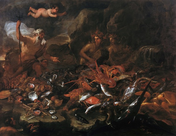 Luca Giordano (b. 18 October 1634, d. 3 January 1705), called Fa Presto, Italian painter and etcher of the Baroque period, The riches of the sea with Neptune, tritons and two nereids (1684), Painting, Reproduction of the painting in its original state, Work of art, Historical, Mythological depiction with Neptune surrounded by sea creatures