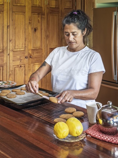 A woman in a white shirt bakes fresh cookies in a cozy kitchen. She places them on a cooling rack near lemons and a teapot, creating a warm, inviting atmosphere