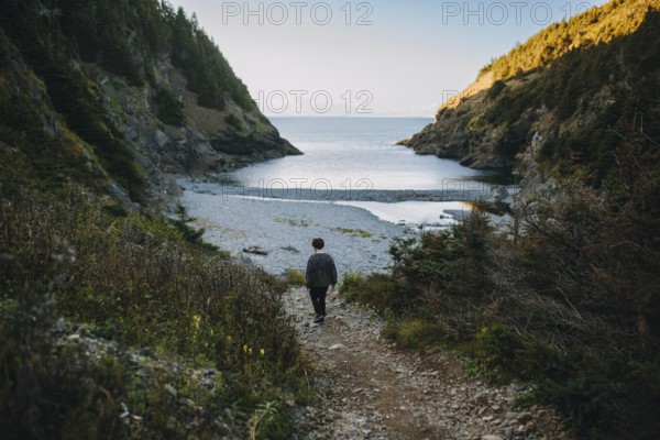 Back view of an unrecognizable man walking towards Shoe Cove Beach, a serene coastal inlet flanked by wooded cliffs under a clear sky, capturing a moment of peaceful exploration in Newfoundland & Labrador, Canada