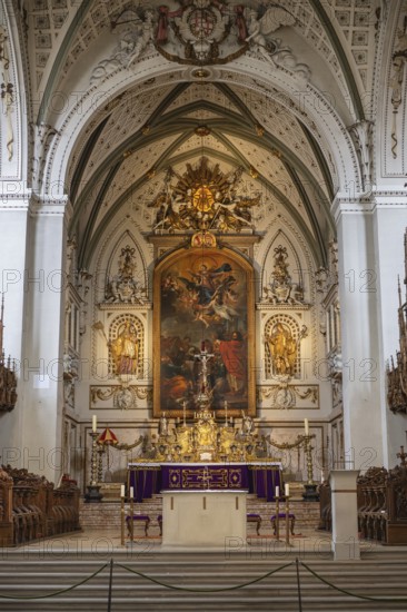 The magnificent Baroque high altar in the choir room of Constance Cathedral with its central painting of the Virgin and intricate gold decorations, Constance, district of Constance, Baden-Württemberg, Germany