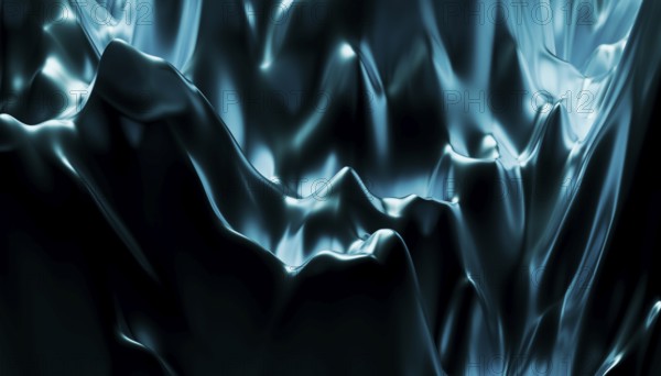 This image features a 3D render illustration of deep blue silky, fluid like waves with a dynamic abstract form. The smooth and glossy textures create a mesmerizing visual experience