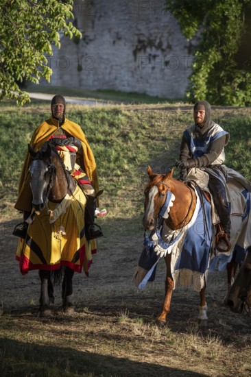 Knight performers on horses, participants, Medieval Week, Hanseatic city of Visby, UNESCO World Heritage Site, Gotland Island, Sweden