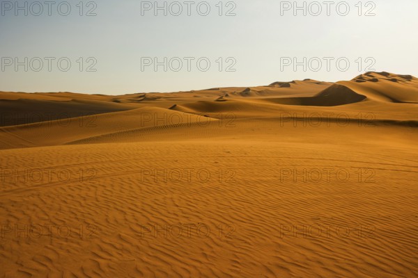 The image captures the warm golden hues and tranquil undulating sands of the Huacachina Desert at sunset, showcasing the natural beauty of Peru