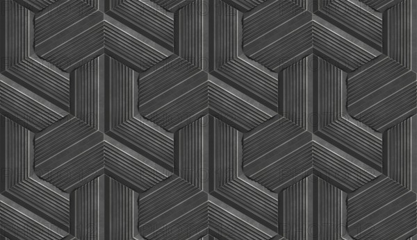 A modern 3D illustration featuring hexagon stripes with a textured, geometric pattern. The design is intricate, with layers of lines creating depth and symmetry