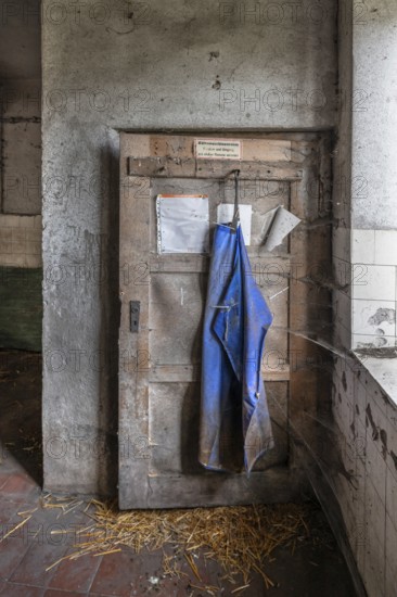 Door with rubber apron in the abandoned cowshed of a former LPG of the GDR, Mecklenburg-Vorpommern, Germany