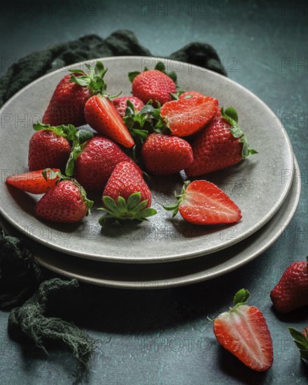 A collection of ripe, red strawberries on a ceramic plate, some halved to show their juicy interior. The setup creates a fresh and appetizing feel perfect for a fruity theme