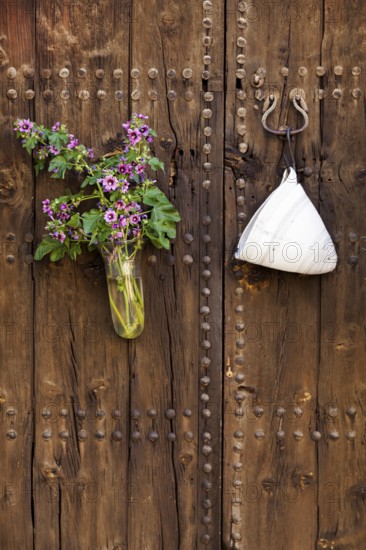 Rustic wooden door with a bouquet of flowers and antique door hook, Pollensa, Majorca, Balearic Islands, Spain