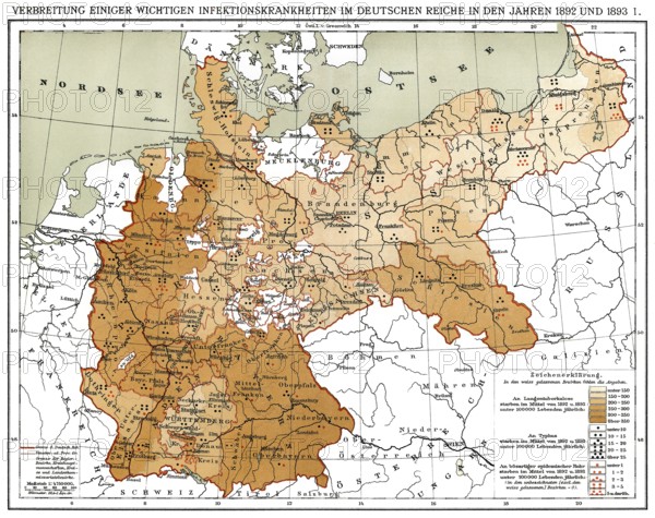 Historical map, spread of infectious diseases in the German Empire in 1892 and 1893, Historische Landkarte, Verbreitung von Infektionskrankheiten im Deutsches Reich, 1892 und 1893