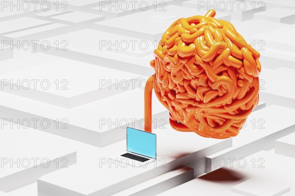 Colorful cables intertwine around a laptop, creating a striking contrast against a monochromatic background in a tech-inspired setting