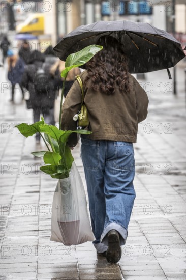 Passers-by in a pedestrian zone, Kettwiger Straße, woman with potted plant in rainy weather, city center, Essen, North Rhine-Westphalia, Germany