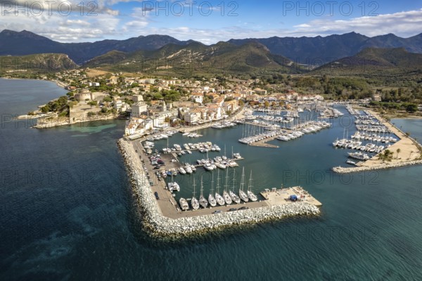 Marina and old town of Saint-Florent seen from above, Corsica, France