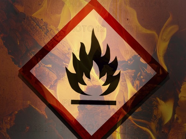 Photo montage, dangerous goods label flame GHS 02, Globally Harmonised System for Classification and Labelling of Chemicals with Burning Logs of Wood