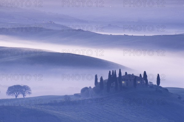 Landscape in Tuscany in the morning mist, Podere Belvedere winery in Val d'Orcia