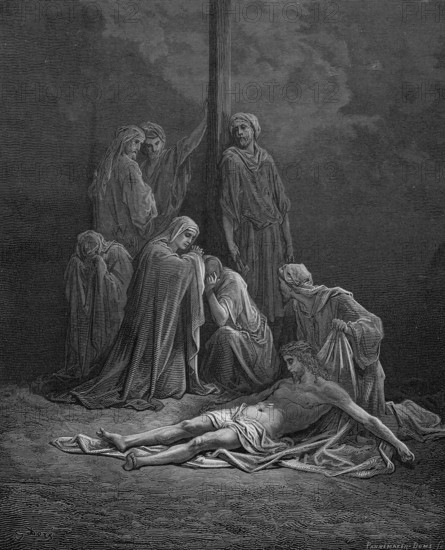 The body of Jesus, John chapter 19, verse 40, crucifixion, Jesus, death, linen, scents, wrapping, body, grief, suffering, dying, Jewish burial, under the cross, custom, custom, crown of thorns, Christian religion, Bible, New Testament, steel engraving Doré, historical illustration 1885