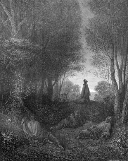 Jesus praying in the Garden of Gethsemane, Matthew chapter 26, verse 39, nature, trees, plants, praying, looking at the sky, clearing, disciples sleeping, lying, standing, Christian religion, Bible, New Testament, steel engraving Doré, historical illustration 1885