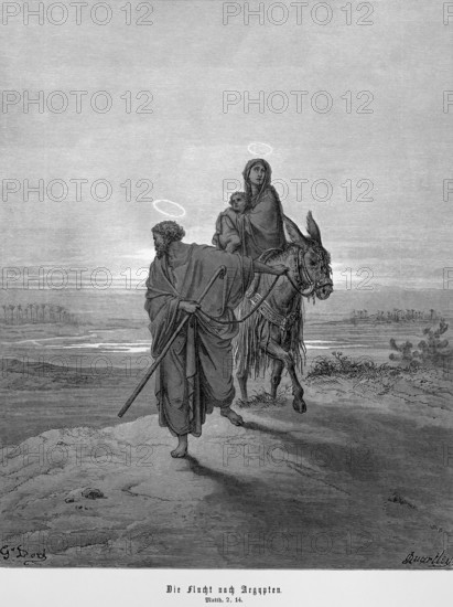 The flight into Egypt, Matthew, chapter 2, verse 14, Joseph, Mary fleeing in the night with the baby Jesus, donkey, looking back, fear, King Herod, desert, Christian religion, Bible, Magi, New Testament, steel engraving Doré, historical illustration 1885