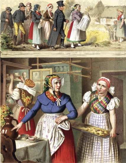 Traditional costumes in Germany around 1820, Province of Silesia, Buchwald, Fischbach, A woman at work in the kitchen while a group of people walk outside, digitally retouched reproduction of a model from around 1850, by Albert Kretschmer (27 February 1825, 11 July 1891), German painter and traditional costume expert
