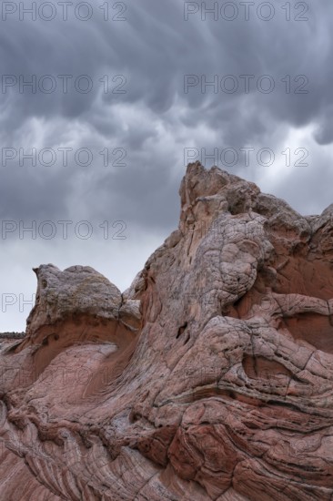 Majestic, swirling rock formations at White Pocket, Arizona, USA, set against a backdrop of dark, stormy clouds, showcasing the unique geological textures and colors
