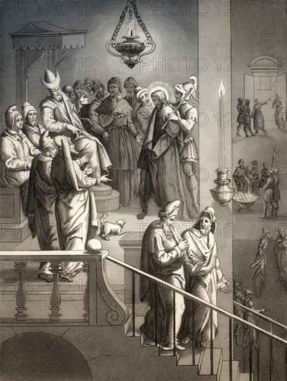 Jesus before Caiaphas, Peter again denies Christ, New Testament, steel engraving 1853, digitally restored
