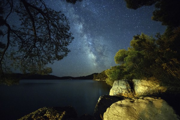Mljet National Park at night with starry sky, Croatia, landscape, Milky Way, universe, night view