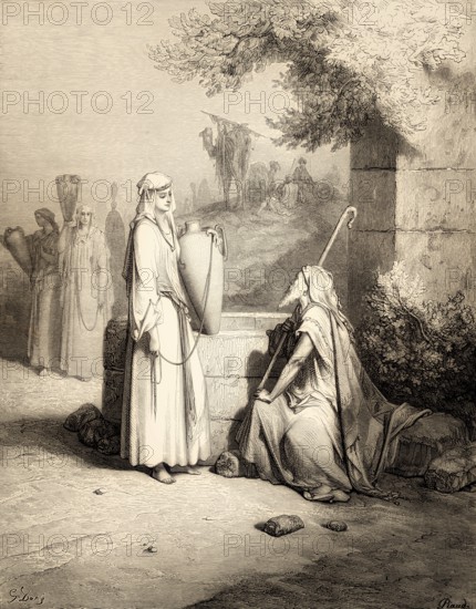 Eliezer and Rebekah at the well, woodcut by Gustave Doré