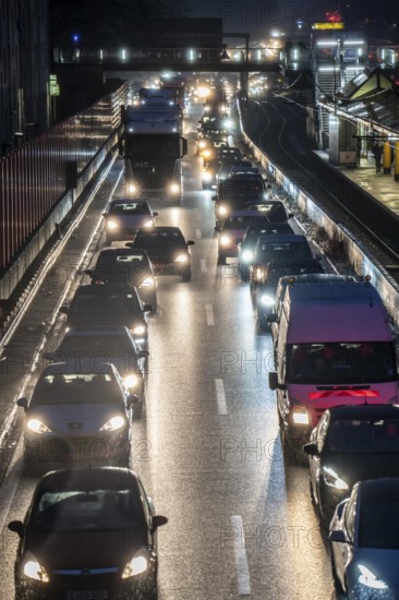 Traffic jam on the A40 motorway, Ruhrschnellweg, in Essen, underground station Essen Savignystr/ETEC, North Rhine-Westphalia, Germany