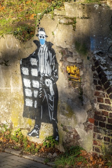 Mural on the theme of toilet paper hoarding, during the Corona crisis, on an old harbour building, part of the Rhine Side Gallery in Krefeld, North Rhine-Westphalia, Germany