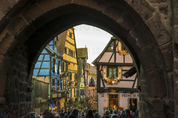 Christmassy decorated half-timbered houses, Christmas market, Riquewihr, Grand Est, Haut-Rhin, Alsace, France