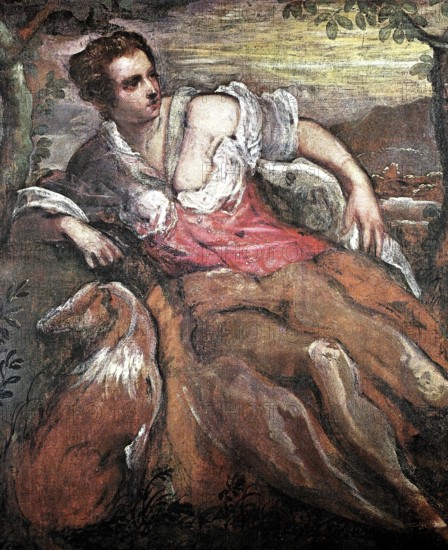 An Allegory of Fidelity, painting by Domenico Tintoretto, proper name Domenico Robusti (b. 27 November 1560 in Venice, d. 17 May 1635), Venetian painter, digital reproduction of an original from the 19th century, historical, A woman with a dog rests in a rural setting, surrounded by trees