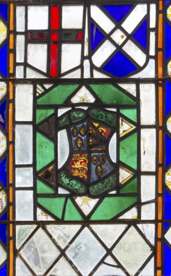 Stained glass medieval fragments, Church of Saint Nicholas, Rushbrooke, Suffolk, England, UK, Royal Coat of Arms, Three Lions