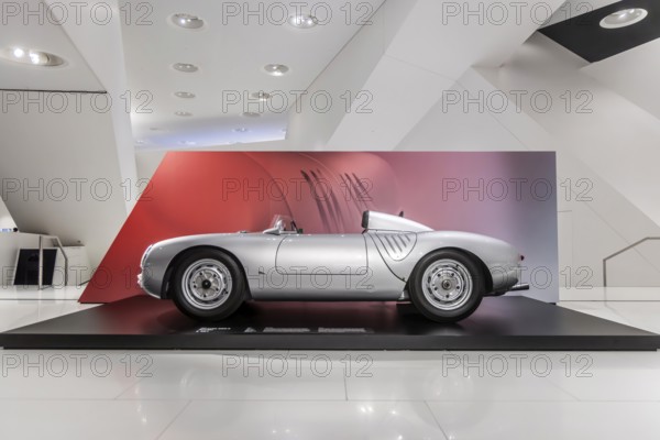 Porsche Museum Stuttgart-Zuffenhausen. Porsche 550 A Spyder from 1957. The automotive museum of Dr. Ing. h.c. F. Porsche AG shows racing cars and iconic cars from automotive history. interior view. Stuttgart, Baden-Württemberg, Germany