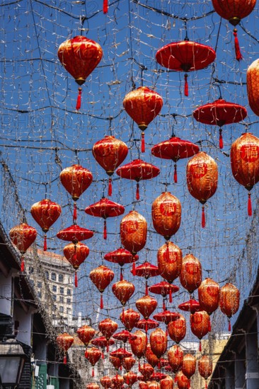 From below a captivating display of vibrant red lanterns adorned with Chinese characters, suspended under a blue sky in a street in Macau, creating a festive atmosphere