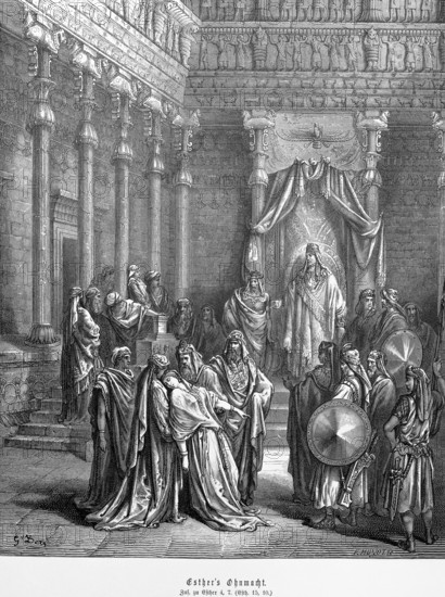 Addition to the book Esther or Esther chapter 15, verse 10, Esther's impotence in the king's palace, servant, support Esther, king showing mercy, warrior, court, throne, Old Testament, Bible, steel engraving Doré, historical illustration 1885