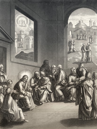 Jesus teaches the disciples about humilty and fraternal correction, steel engraving 1853, digitally restored